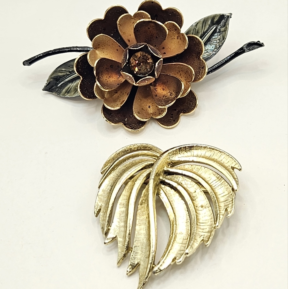 CORO Vintage Floral Brooch Lot Mix Set Pair Gold Tone Pin Flower Leaf Retro 50s